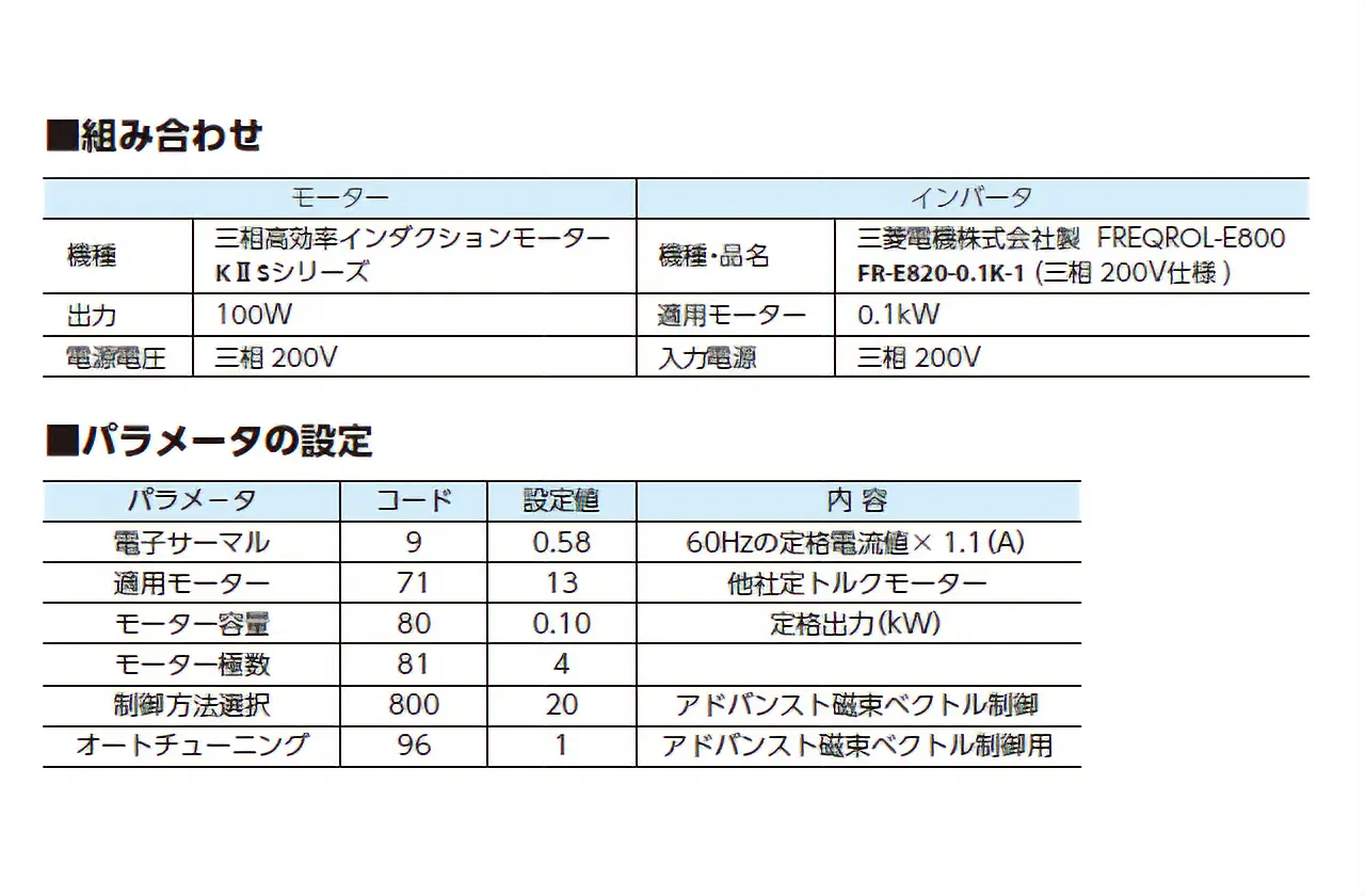 インバータのパラメータ設定例についてはこちら