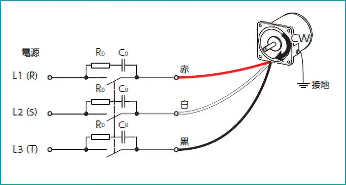 インダクションモーター　三相電源入力タイプの接続例