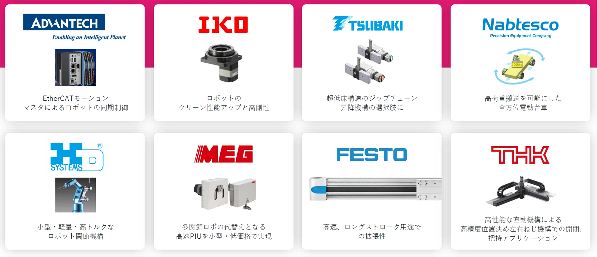 出展企業一覧: ADVANTECH、IKO、TSUBAKI、Nabtesco、HD SYSTEMS、IMEG、FESTO、THK。各社の製品と技術を紹介。