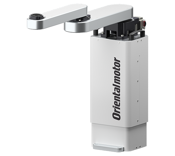 オリエンタルモーターのロゴが入った白色の電動昇降装置 - 3本のアームを備えたロボットハンド