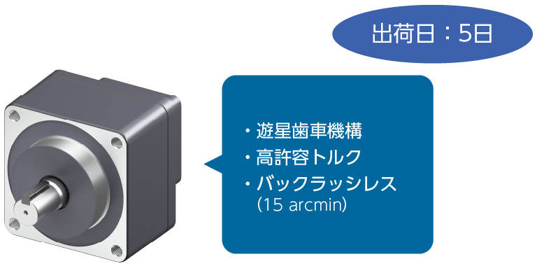 減速機　PSギヤヘッド外観 遊星歯車機構を採用した高許容トルク・バックラッシレス（15 arcmin）のギヤヘッド。出荷日は5日。
