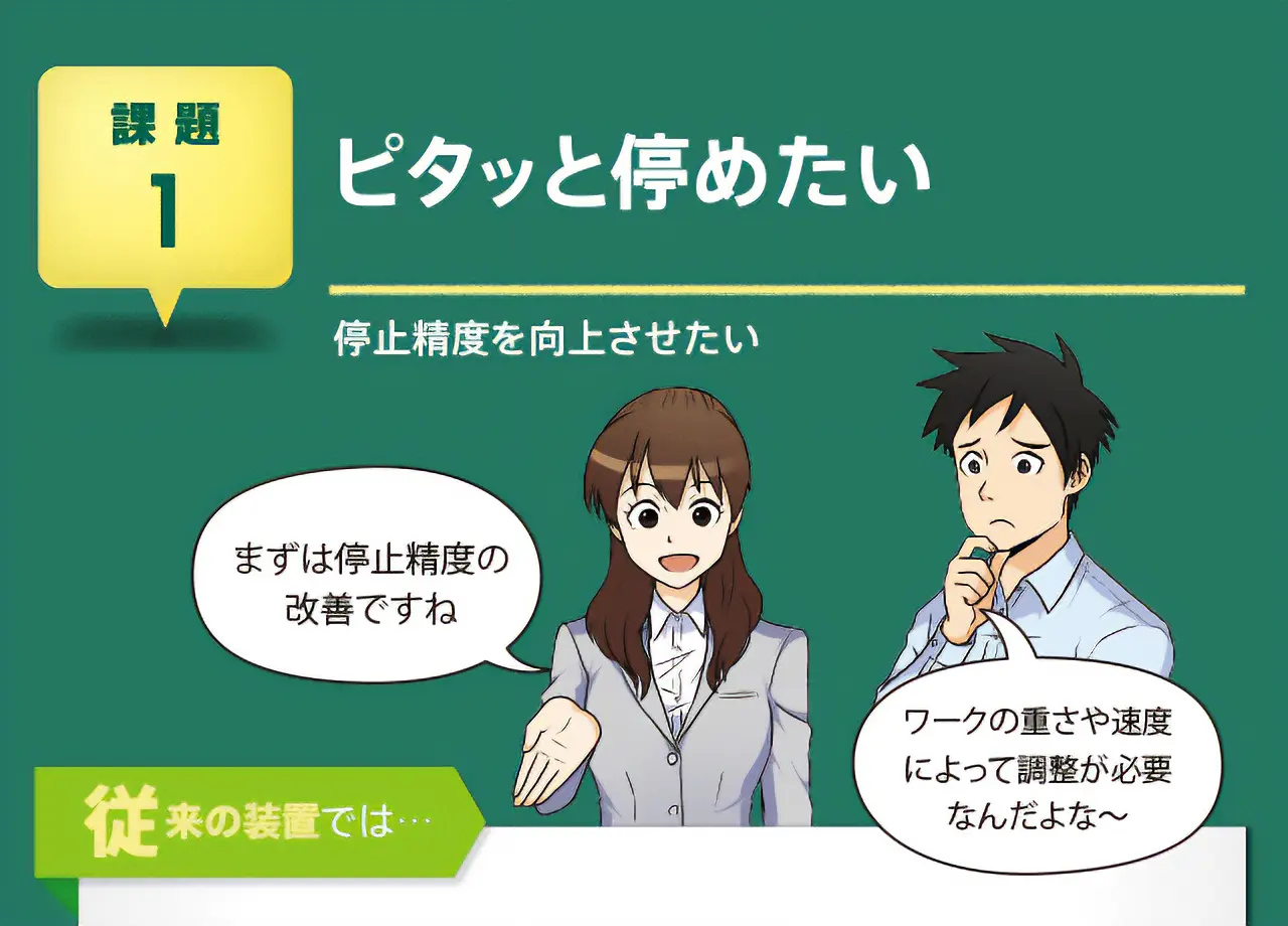 【課題1】ピタッと停めたい　停止精度を向上させたい　従来の装置では…