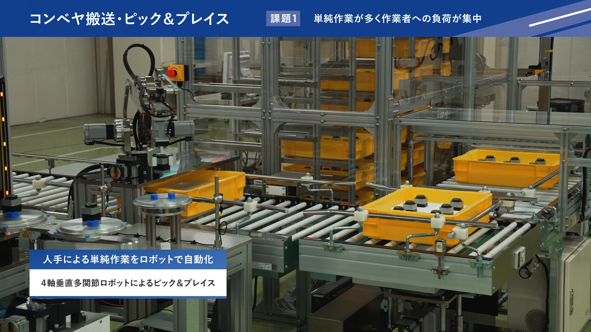 4軸垂直多関節ロボットを活用し、人手による単純作業を自動化したピック＆プレイスの様子