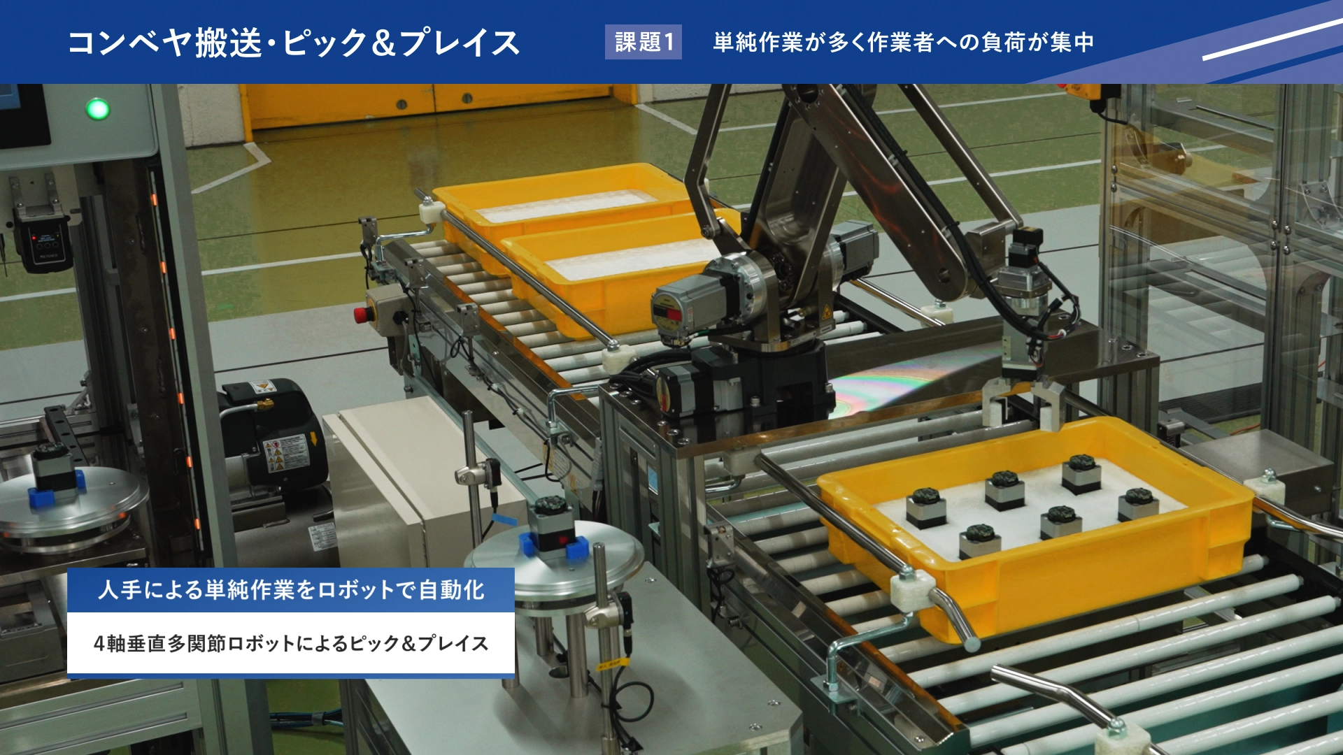 4軸垂直多関節ロボットを用いたピック＆プレイス作業により、単純作業を自動化しているコンベヤライン