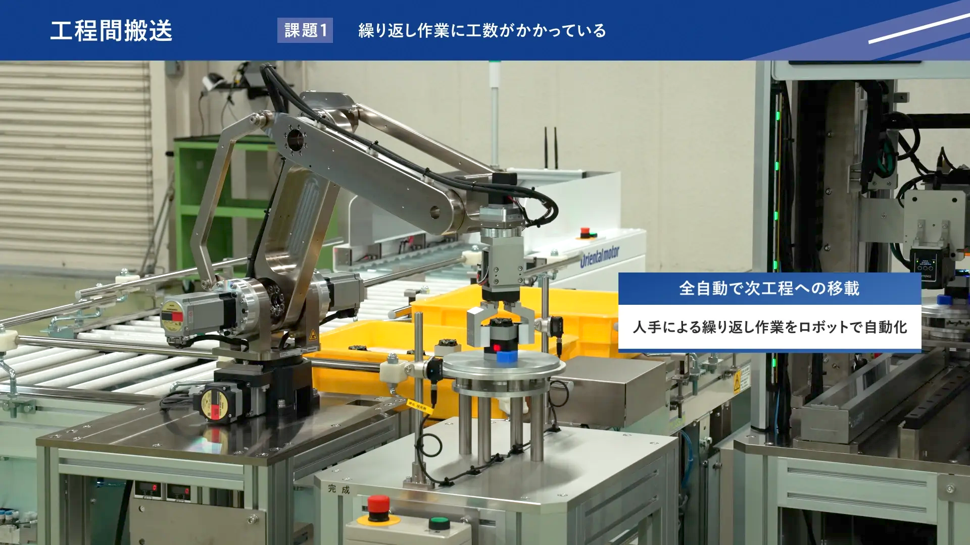 人手による繰り返し作業を自動化し、ロボットを用いて全自動で部品を次工程へ移載している様子
