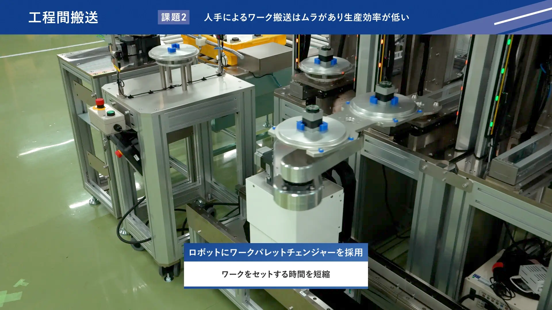 ワークパレットチェンジャーをロボットに採用し、ワークのセット時間を短縮した工程間搬送設備