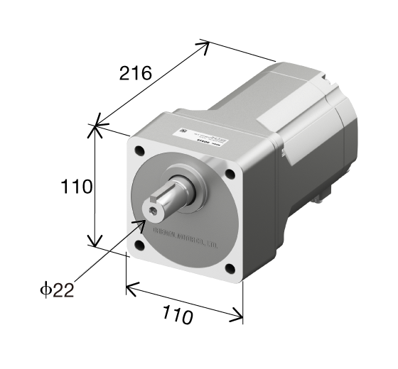 モーターの外形寸法図。高さ110mm、奥行き216mm、幅110mmの直方体形状で、前面に直径22mmの出力軸が付いたモーター本体を3D斜視図で表示。各寸法が矢印と数値で明記されている。