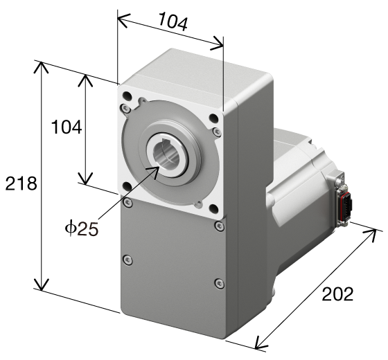 減速機付きモーターの外形寸法図。全高218mm、減速機部分の高さ104mm、幅104mm、奥行き202mmの寸法で、前面に直径25mmの出力軸が付いた3D斜視図。各寸法が矢印と数値で明記されている。
