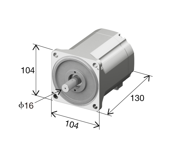 モーターの外形寸法図。高さ104mm、幅104mm、奥行き130mmの寸法で、前面に直径16mmの出力軸が付いたモーター本体を3D斜視図で表示。各寸法が矢印と数値で明記されている。
