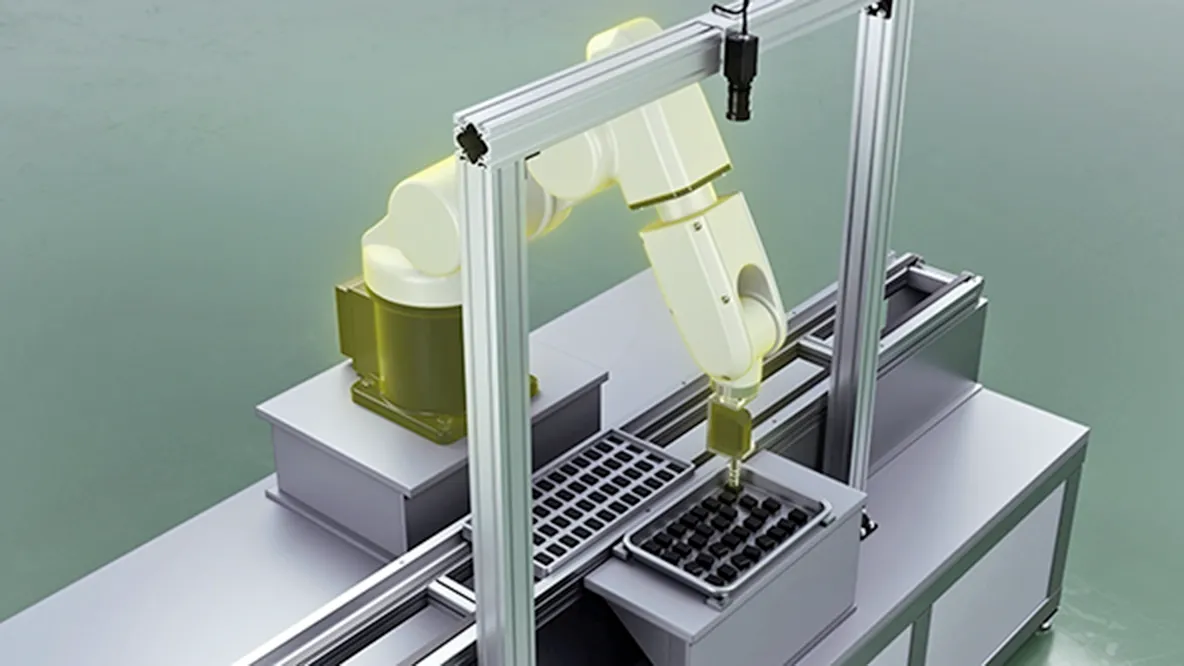 白いベースに黄緑色のアクセントカラーを配した6軸多関節ロボットが、グレーのコンベア上で精密作業を実行している様子