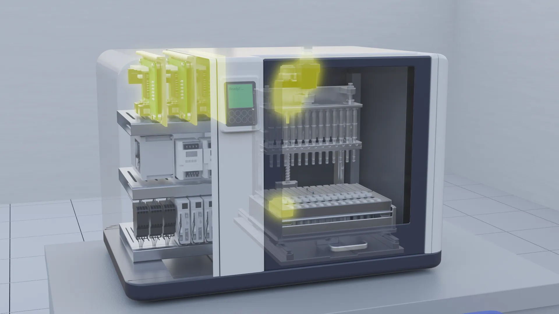 検査用自動機器の内部構造を示す図。複数のモジュールやピペット装置が搭載され、重要箇所が黄色でハイライトされている。