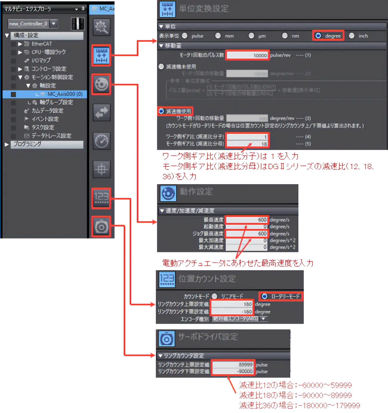 表示単位を「deg」（-180 ～ +180deg）に設定する場合